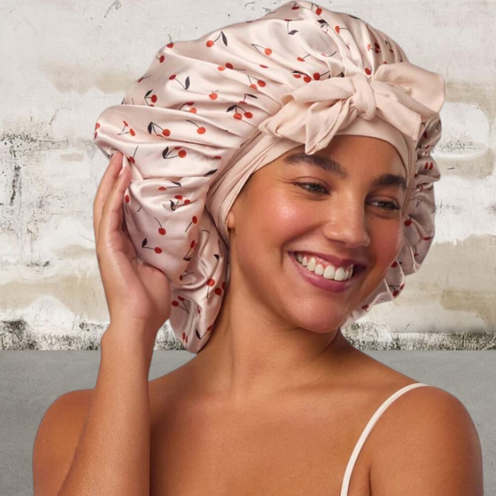 Kitsch Cherry Print Oversized Satin Bonnet NIB